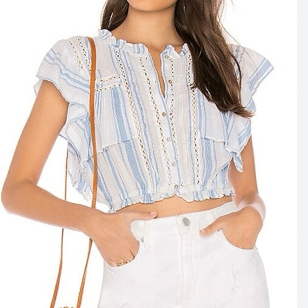LoveShackFancy Nora Handkerchief Crop Top Blue Stripes Flutter Sleeve Size M